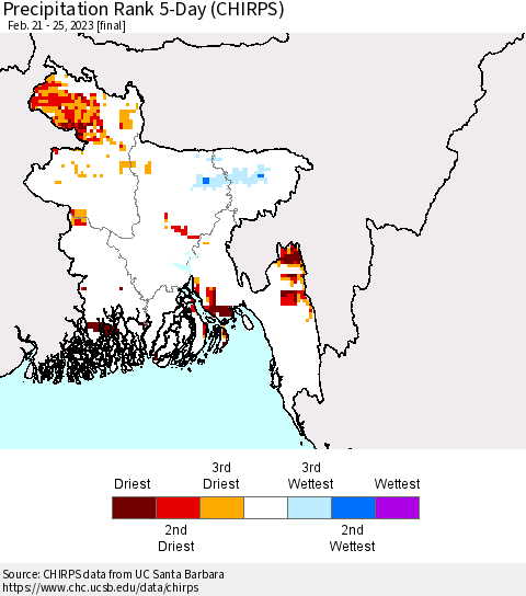 Bangladesh Precipitation Rank since 1981, 5-Day (CHIRPS) Thematic Map For 2/21/2023 - 2/25/2023