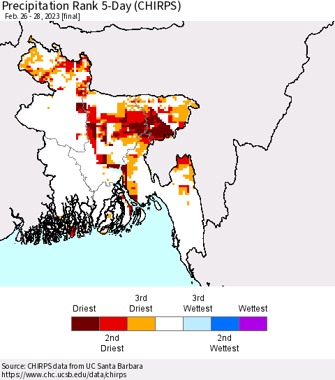 Bangladesh Precipitation Rank since 1981, 5-Day (CHIRPS) Thematic Map For 2/26/2023 - 2/28/2023