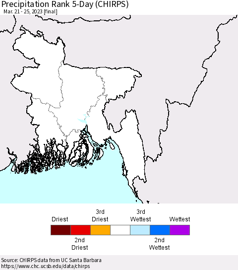 Bangladesh Precipitation Rank since 1981, 5-Day (CHIRPS) Thematic Map For 3/21/2023 - 3/25/2023