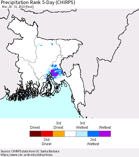 Bangladesh Precipitation Rank since 1981, 5-Day (CHIRPS) Thematic Map For 3/26/2023 - 3/31/2023