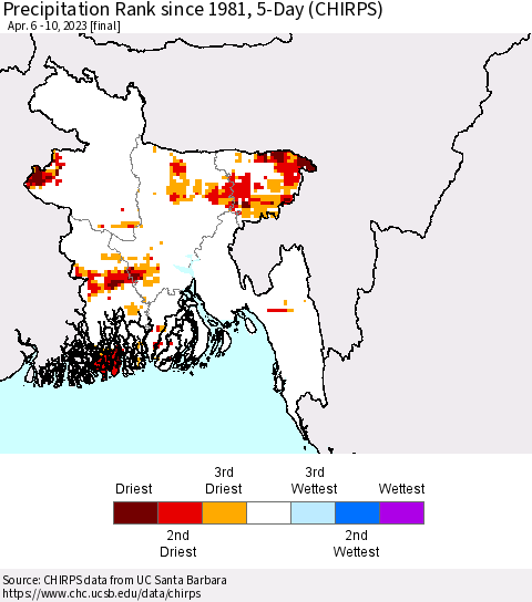 Bangladesh Precipitation Rank since 1981, 5-Day (CHIRPS) Thematic Map For 4/6/2023 - 4/10/2023