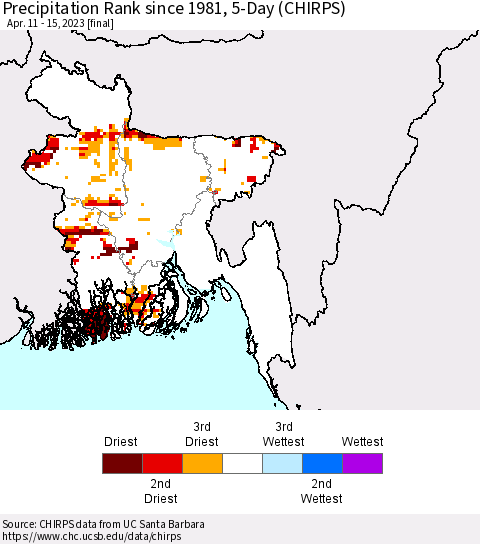 Bangladesh Precipitation Rank since 1981, 5-Day (CHIRPS) Thematic Map For 4/11/2023 - 4/15/2023