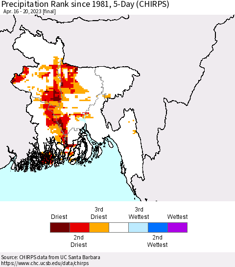 Bangladesh Precipitation Rank since 1981, 5-Day (CHIRPS) Thematic Map For 4/16/2023 - 4/20/2023