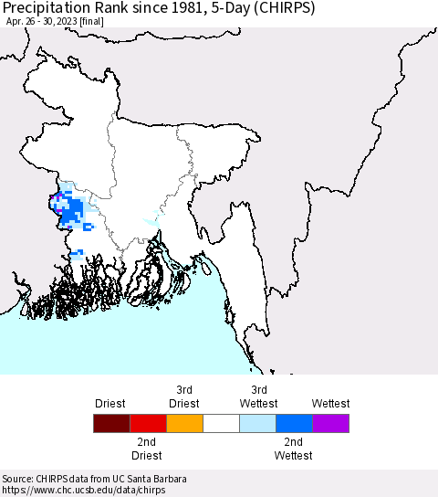 Bangladesh Precipitation Rank since 1981, 5-Day (CHIRPS) Thematic Map For 4/26/2023 - 4/30/2023