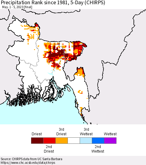 Bangladesh Precipitation Rank since 1981, 5-Day (CHIRPS) Thematic Map For 5/1/2023 - 5/5/2023