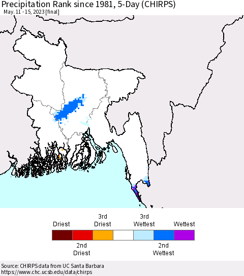 Bangladesh Precipitation Rank since 1981, 5-Day (CHIRPS) Thematic Map For 5/11/2023 - 5/15/2023