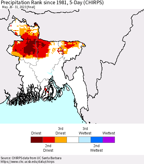 Bangladesh Precipitation Rank since 1981, 5-Day (CHIRPS) Thematic Map For 5/26/2023 - 5/31/2023