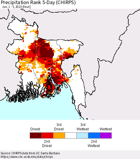 Bangladesh Precipitation Rank since 1981, 5-Day (CHIRPS) Thematic Map For 6/1/2023 - 6/5/2023