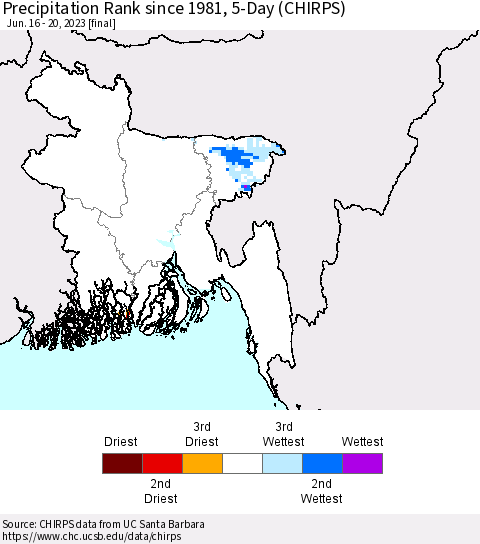 Bangladesh Precipitation Rank since 1981, 5-Day (CHIRPS) Thematic Map For 6/16/2023 - 6/20/2023