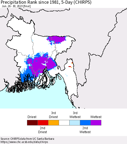 Bangladesh Precipitation Rank since 1981, 5-Day (CHIRPS) Thematic Map For 6/26/2023 - 6/30/2023