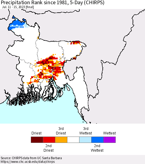 Bangladesh Precipitation Rank since 1981, 5-Day (CHIRPS) Thematic Map For 7/11/2023 - 7/15/2023