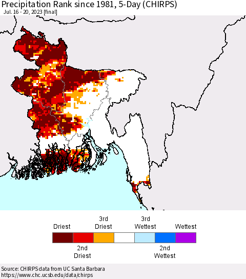 Bangladesh Precipitation Rank since 1981, 5-Day (CHIRPS) Thematic Map For 7/16/2023 - 7/20/2023