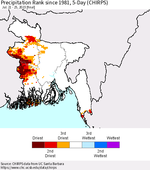 Bangladesh Precipitation Rank since 1981, 5-Day (CHIRPS) Thematic Map For 7/21/2023 - 7/25/2023