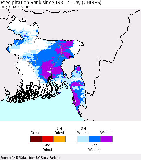 Bangladesh Precipitation Rank since 1981, 5-Day (CHIRPS) Thematic Map For 8/6/2023 - 8/10/2023