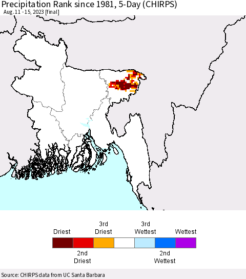 Bangladesh Precipitation Rank since 1981, 5-Day (CHIRPS) Thematic Map For 8/11/2023 - 8/15/2023