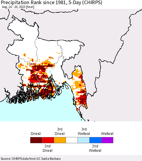 Bangladesh Precipitation Rank since 1981, 5-Day (CHIRPS) Thematic Map For 8/16/2023 - 8/20/2023