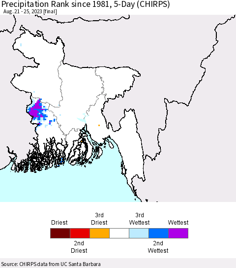 Bangladesh Precipitation Rank since 1981, 5-Day (CHIRPS) Thematic Map For 8/21/2023 - 8/25/2023