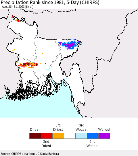 Bangladesh Precipitation Rank since 1981, 5-Day (CHIRPS) Thematic Map For 8/26/2023 - 8/31/2023