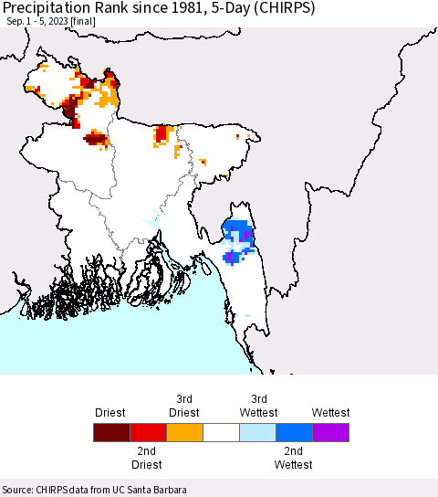 Bangladesh Precipitation Rank since 1981, 5-Day (CHIRPS) Thematic Map For 9/1/2023 - 9/5/2023