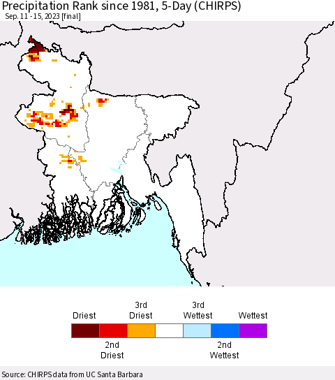 Bangladesh Precipitation Rank since 1981, 5-Day (CHIRPS) Thematic Map For 9/11/2023 - 9/15/2023