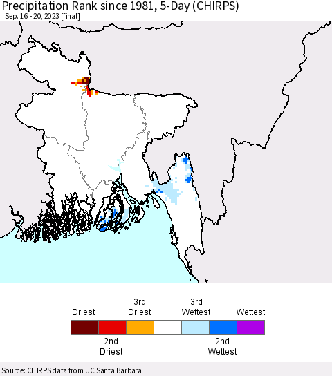 Bangladesh Precipitation Rank since 1981, 5-Day (CHIRPS) Thematic Map For 9/16/2023 - 9/20/2023