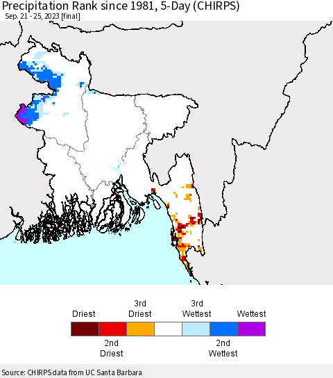 Bangladesh Precipitation Rank since 1981, 5-Day (CHIRPS) Thematic Map For 9/21/2023 - 9/25/2023