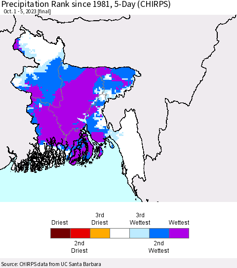 Bangladesh Precipitation Rank since 1981, 5-Day (CHIRPS) Thematic Map For 10/1/2023 - 10/5/2023