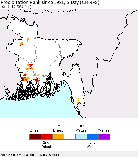 Bangladesh Precipitation Rank since 1981, 5-Day (CHIRPS) Thematic Map For 10/6/2023 - 10/10/2023