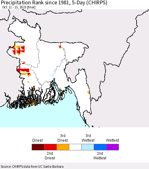 Bangladesh Precipitation Rank since 1981, 5-Day (CHIRPS) Thematic Map For 10/11/2023 - 10/15/2023