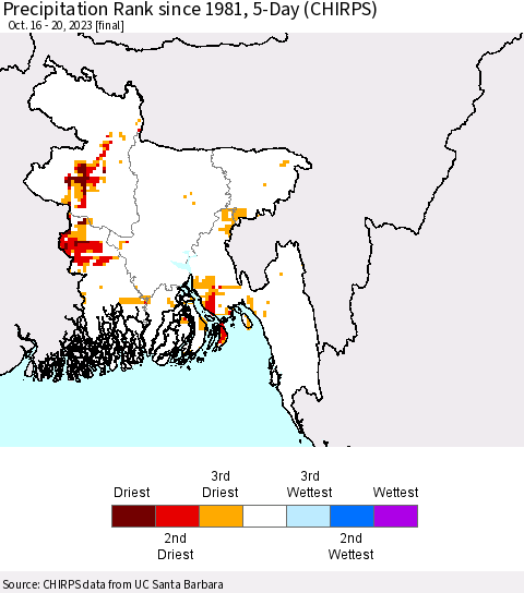 Bangladesh Precipitation Rank since 1981, 5-Day (CHIRPS) Thematic Map For 10/16/2023 - 10/20/2023