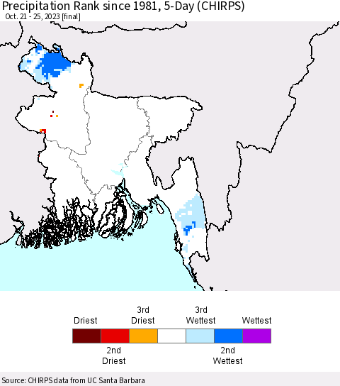 Bangladesh Precipitation Rank since 1981, 5-Day (CHIRPS) Thematic Map For 10/21/2023 - 10/25/2023