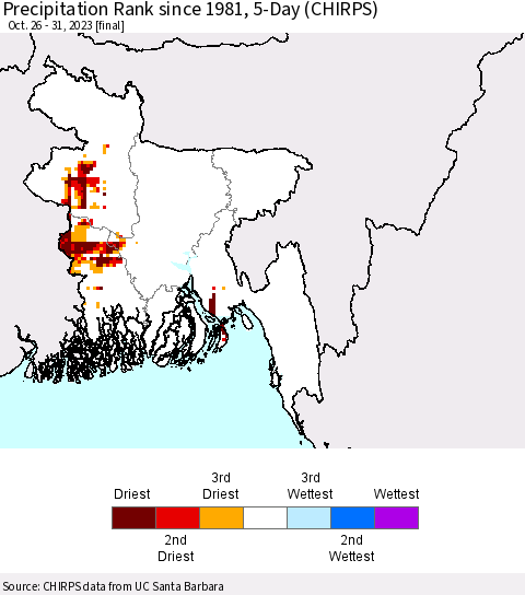 Bangladesh Precipitation Rank since 1981, 5-Day (CHIRPS) Thematic Map For 10/26/2023 - 10/31/2023