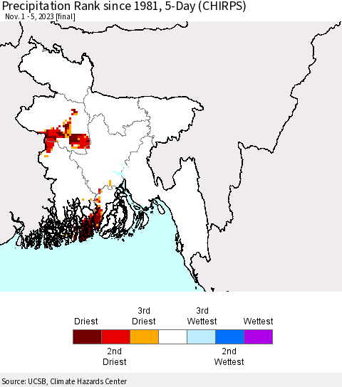 Bangladesh Precipitation Rank since 1981, 5-Day (CHIRPS) Thematic Map For 11/1/2023 - 11/5/2023