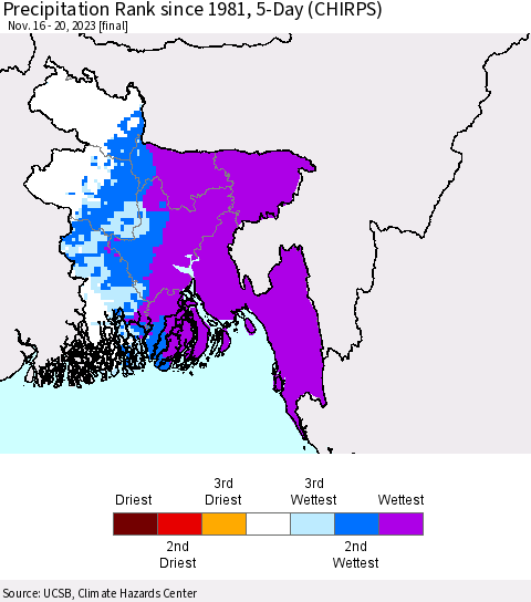 Bangladesh Precipitation Rank since 1981, 5-Day (CHIRPS) Thematic Map For 11/16/2023 - 11/20/2023