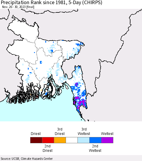 Bangladesh Precipitation Rank since 1981, 5-Day (CHIRPS) Thematic Map For 11/26/2023 - 11/30/2023
