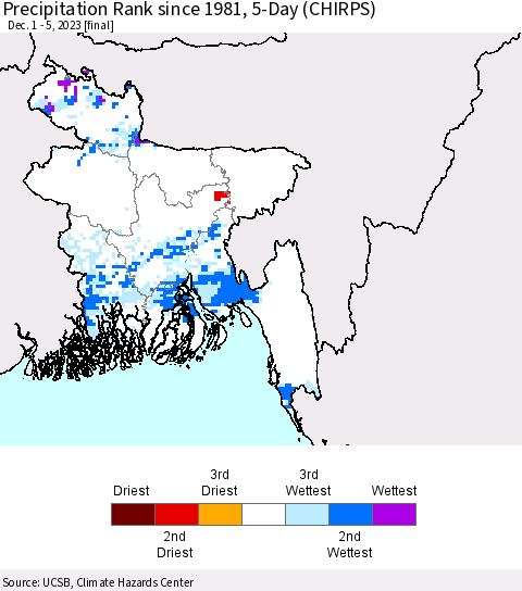 Bangladesh Precipitation Rank since 1981, 5-Day (CHIRPS) Thematic Map For 12/1/2023 - 12/5/2023