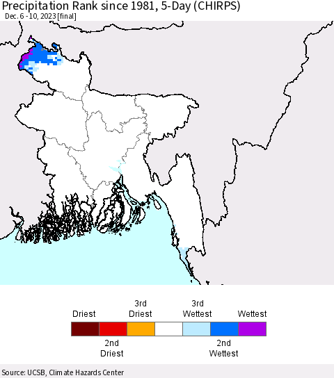 Bangladesh Precipitation Rank since 1981, 5-Day (CHIRPS) Thematic Map For 12/6/2023 - 12/10/2023
