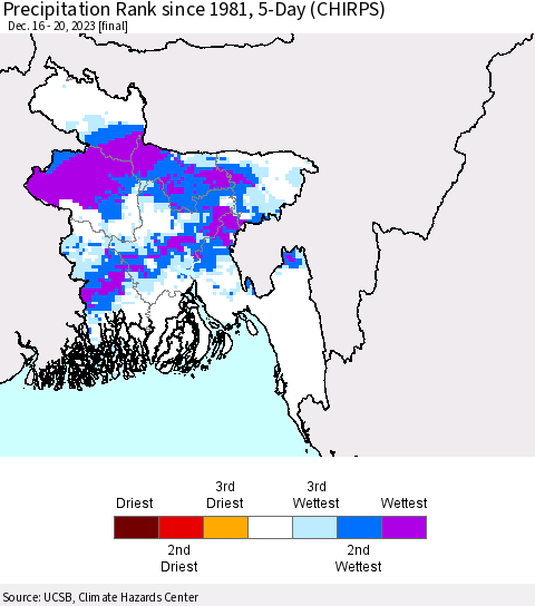Bangladesh Precipitation Rank since 1981, 5-Day (CHIRPS) Thematic Map For 12/16/2023 - 12/20/2023