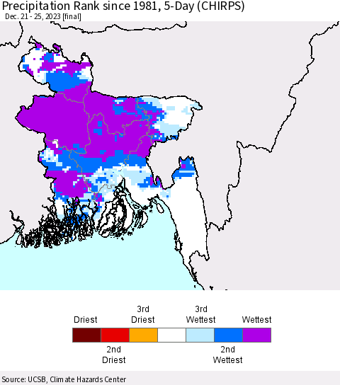 Bangladesh Precipitation Rank since 1981, 5-Day (CHIRPS) Thematic Map For 12/21/2023 - 12/25/2023