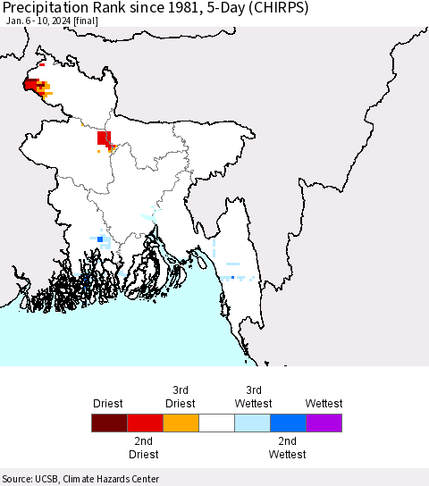Bangladesh Precipitation Rank since 1981, 5-Day (CHIRPS) Thematic Map For 1/6/2024 - 1/10/2024