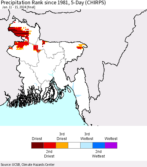 Bangladesh Precipitation Rank since 1981, 5-Day (CHIRPS) Thematic Map For 1/11/2024 - 1/15/2024