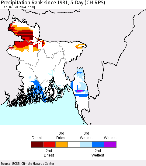 Bangladesh Precipitation Rank since 1981, 5-Day (CHIRPS) Thematic Map For 1/16/2024 - 1/20/2024