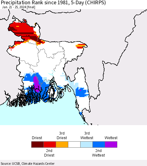 Bangladesh Precipitation Rank since 1981, 5-Day (CHIRPS) Thematic Map For 1/21/2024 - 1/25/2024