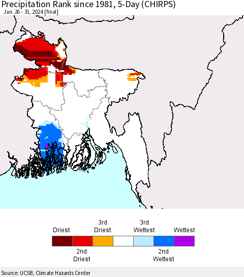 Bangladesh Precipitation Rank since 1981, 5-Day (CHIRPS) Thematic Map For 1/26/2024 - 1/31/2024