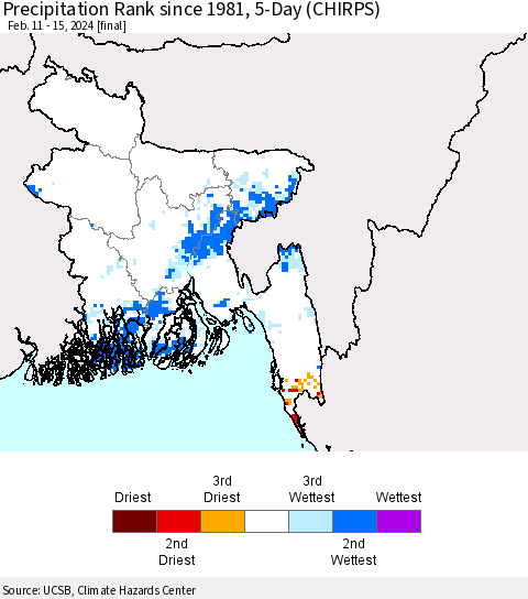 Bangladesh Precipitation Rank since 1981, 5-Day (CHIRPS) Thematic Map For 2/11/2024 - 2/15/2024