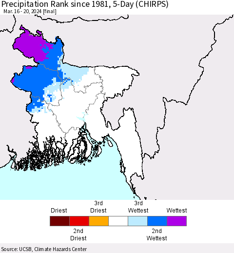 Bangladesh Precipitation Rank since 1981, 5-Day (CHIRPS) Thematic Map For 3/16/2024 - 3/20/2024