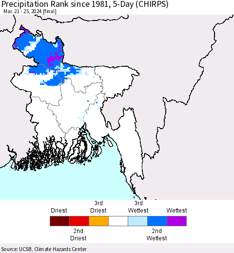 Bangladesh Precipitation Rank since 1981, 5-Day (CHIRPS) Thematic Map For 3/21/2024 - 3/25/2024