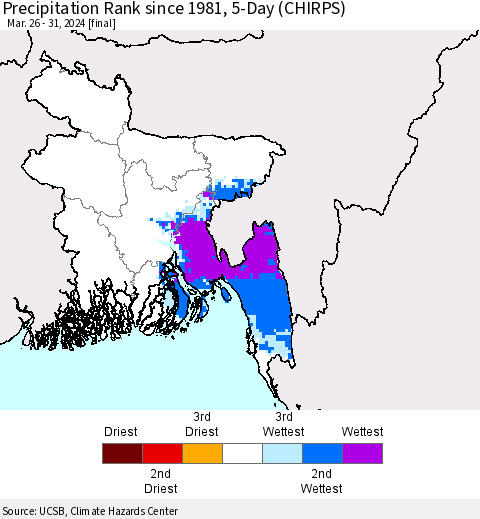 Bangladesh Precipitation Rank since 1981, 5-Day (CHIRPS) Thematic Map For 3/26/2024 - 3/31/2024