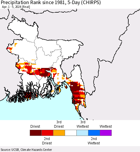 Bangladesh Precipitation Rank since 1981, 5-Day (CHIRPS) Thematic Map For 4/1/2024 - 4/5/2024
