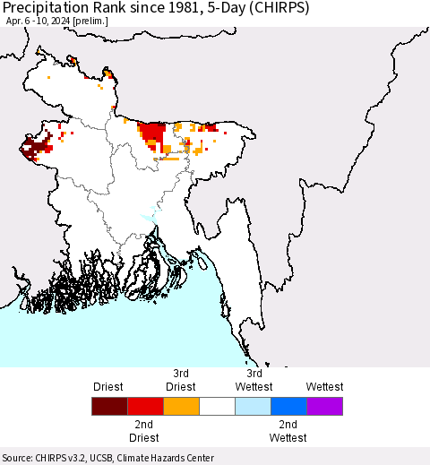 Bangladesh Precipitation Rank since 1981, 5-Day (CHIRPS) Thematic Map For 4/6/2024 - 4/10/2024